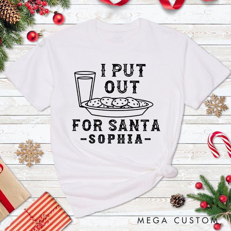 Personalized Couple Retro Santa and I Put Out for Santa T-Shirt with Name Couple Xmas Matching Shirt for Husband Wife Boyfriend Girlfriend Tee Tops