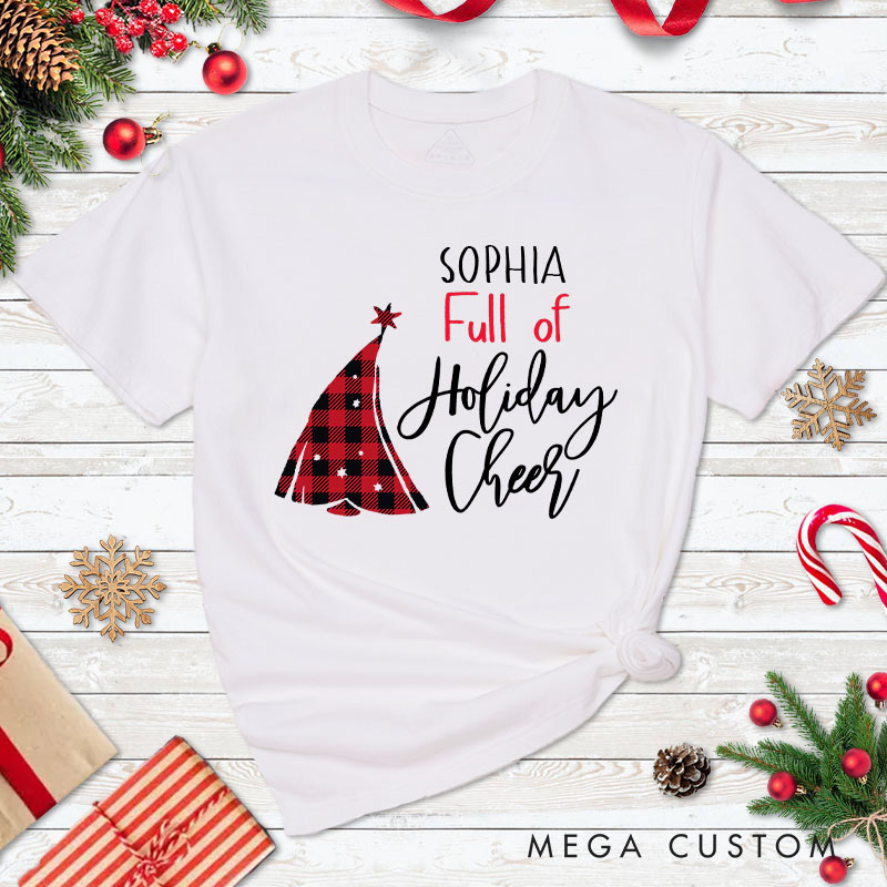 Personalized Couple Plaid Just Full of Beer and Full of Holiday Cheer Christmas T-Shirt Couple Xmas T-Shirt for Husband Wife Boyfriend Girlfriend Tees