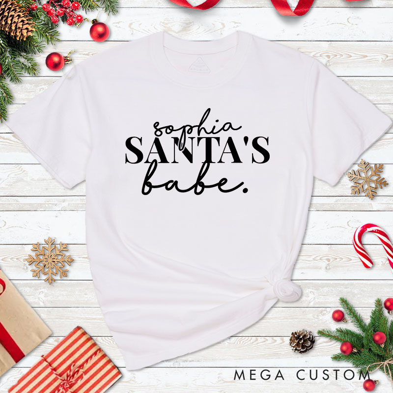 Personalized Couple Santa and Santa's Babe Christmas Matching T-Shirt Couple Xmas T-Shirt for Husband Wife Boyfriend Girlfriend Tee Tops