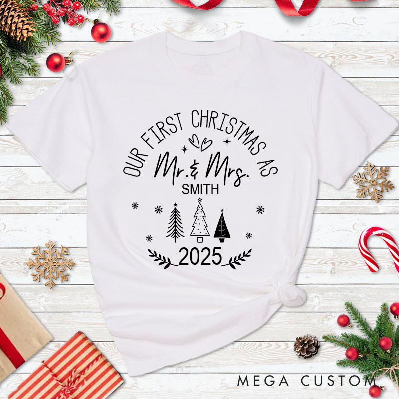 Personalized Couple Our First Christmas as Mr. & Mrs. Matching T-Shirt Couple Heart and Xmas Tree T-Shirt for Husband Wife Tee Tops