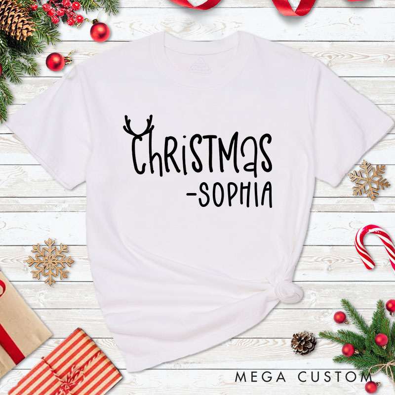 Personalized Couple Merry and Christmas with Antler Christmas Matching T-Shirt Couple Xmas T-Shirt for Husband Wife Boyfriend Girlfriend Tee Tops