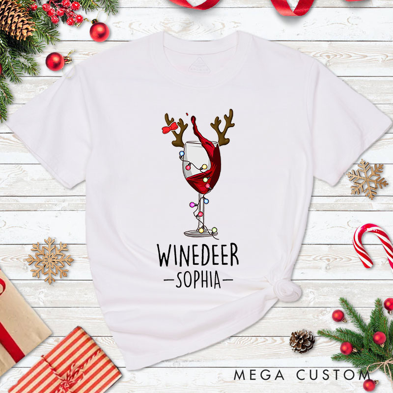 Personalized Couple Reinbeer and Winedeer Christmas Matching T-Shirt Couple Beer and Wine Xmas T-Shirt for Husband Wife Boyfriend Girlfriend Tee Tops