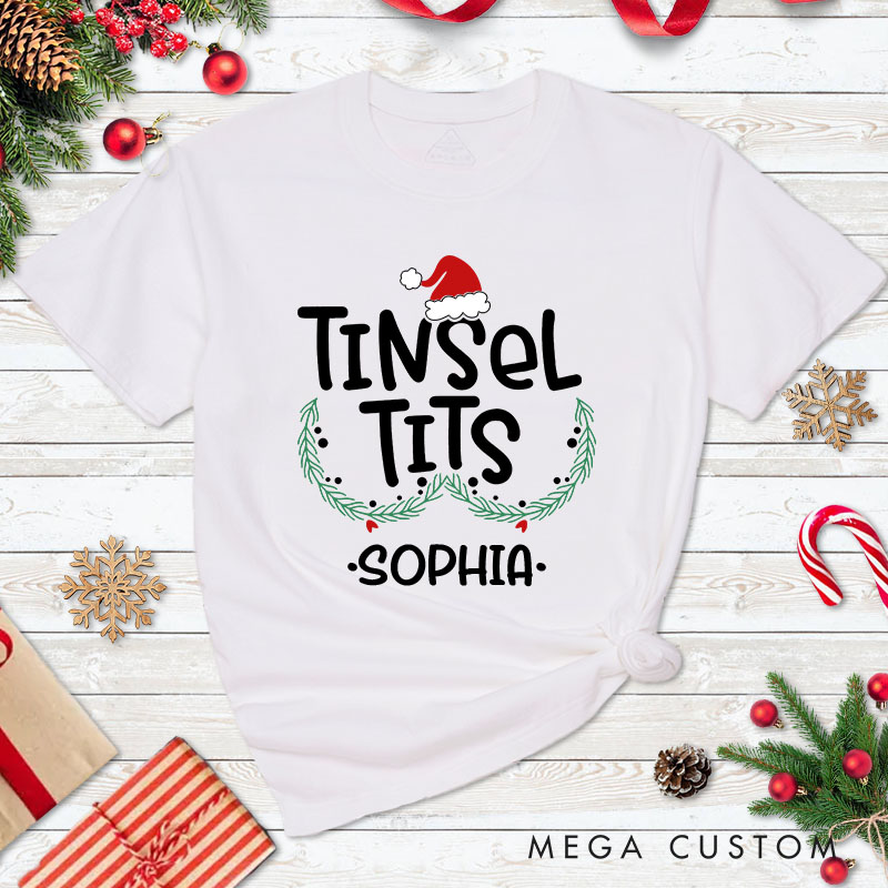 Personalized Couple Jingle Balls and Tinsel Tits Christmas Matching T-Shirt Couple Xmas Ball and Wreath T-Shirt for Husband Wife Boyfriend Girlfriend