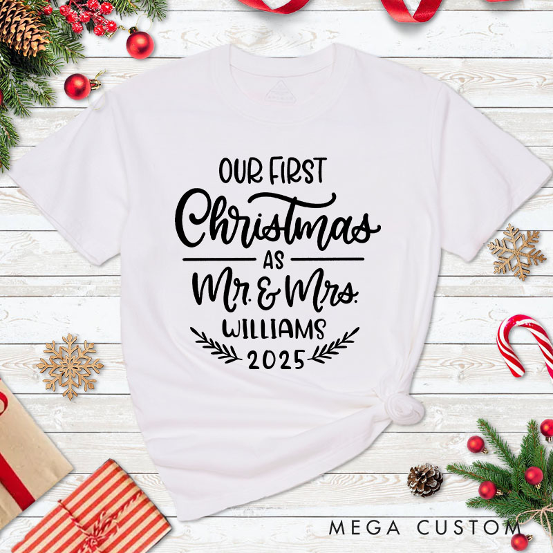 Personalized Couple Our First Christmas as Mr. & Mrs. Christmas T-Shirt Couple Xmas 2025 Matching T-Shirt for Husband Wife Boyfriend Girlfriend Tees