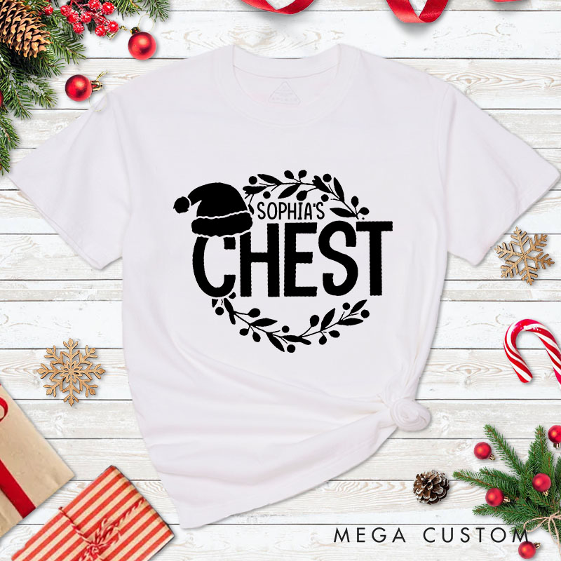 Personalized Couple Fun Nuts and Chest Christmas Matching T-Shirt with Name Couple Xmas Balls and Wreath T-Shirt for Husband Wife Boyfriend Girlfriend