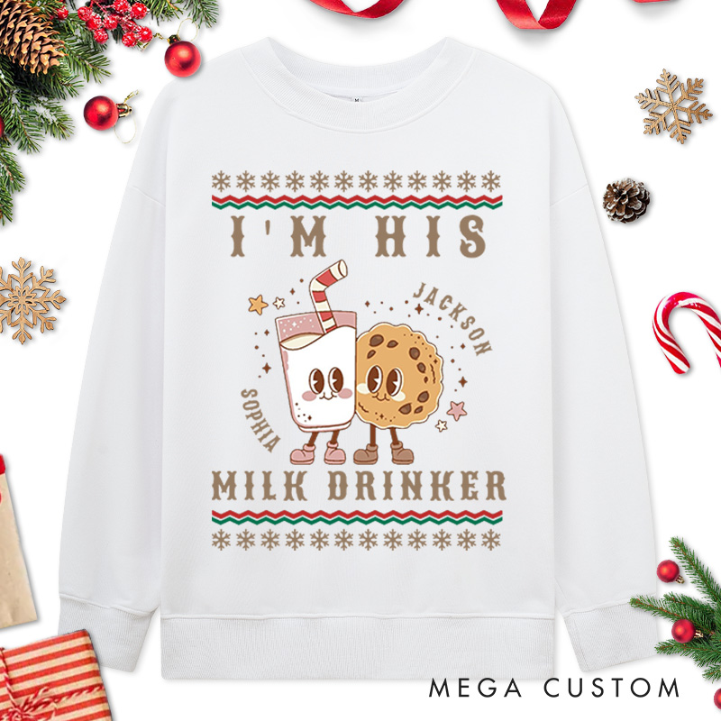 Personalized Couple I'm Her Cookie Eater Christmas Sweatshirt Couple I’m His Milk Drinker Matching Sweatshirt for Husband Wife Boyfriend Girlfriend