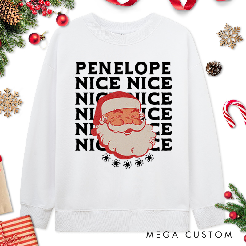 Personalized Couple Naughty and Nice with Santa Christmas Sweatshirt Couple Xmas Matching Crewneck Sweatshirt for Husband Wife Boyfriend Girlfriend