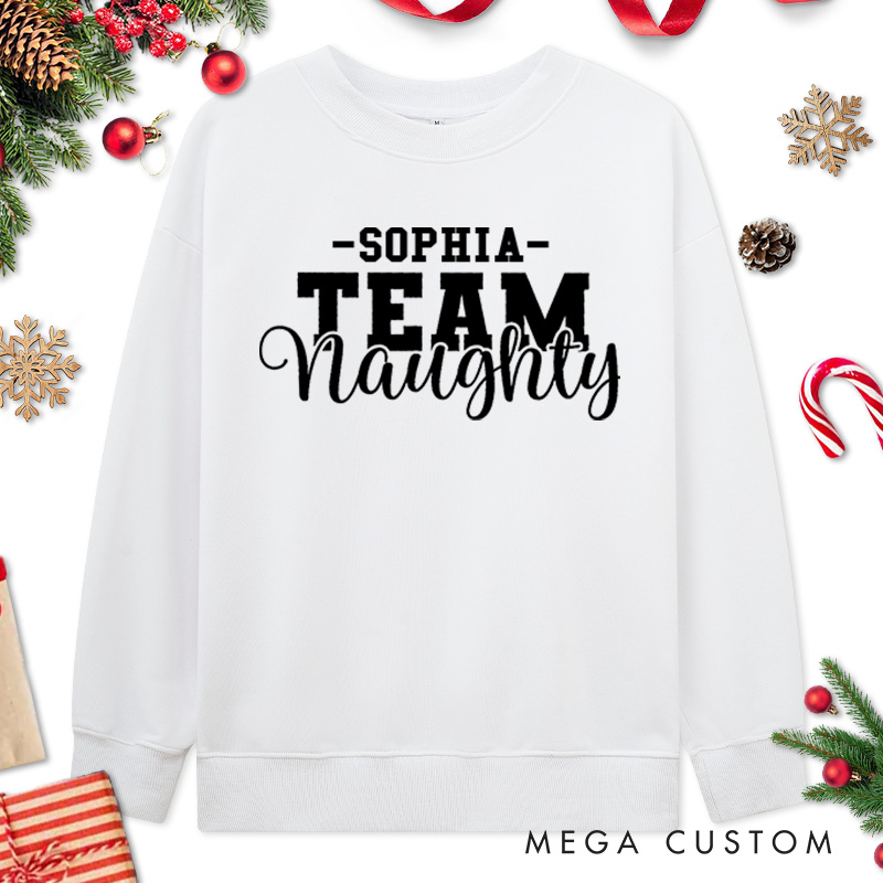 Personalized Couple Team Nice and Team Naughty Christmas Sweatshirt Couple Xmas Matching Crewneck Sweatshirt for Husband Wife Boyfriend Girlfriend