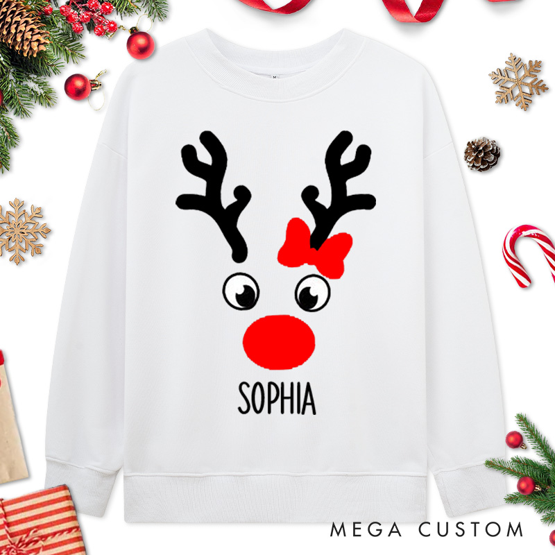 Personalized Couple Cute Christmas Reindeer Matching Sweatshirt with Name Couple Xmas Antler Crewneck Sweatshirt for Husband Wife Boyfriend Girlfriend