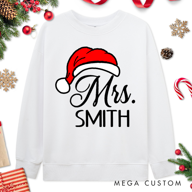 Personalized Couple Mr. and Mrs. with Santa Hats Christmas Sweatshirt Couple Xmas Matching Crewneck Sweatshirt for Husband Wife Boyfriend Girlfriend