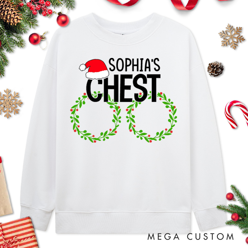 Personalized Couple Fun Nuts and Chest with Santa Hat Sweatshirt Couple Xmas Ball and Wreath Crewneck Sweatshirt for Husband Wife Boyfriend Girlfriend