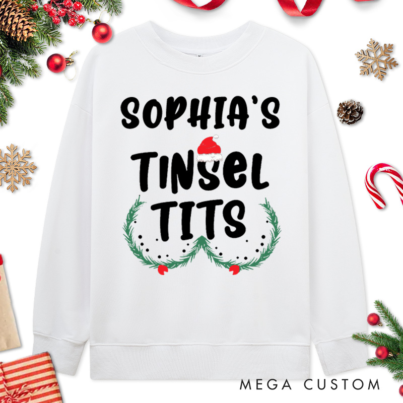Personalized Couple Humor Jingle Balls and Tinsel Tits with Santa Hat Sweatshirt Xmas Ball and Wreath Sweatshirt for Husband Wife Boyfriend Girlfriend