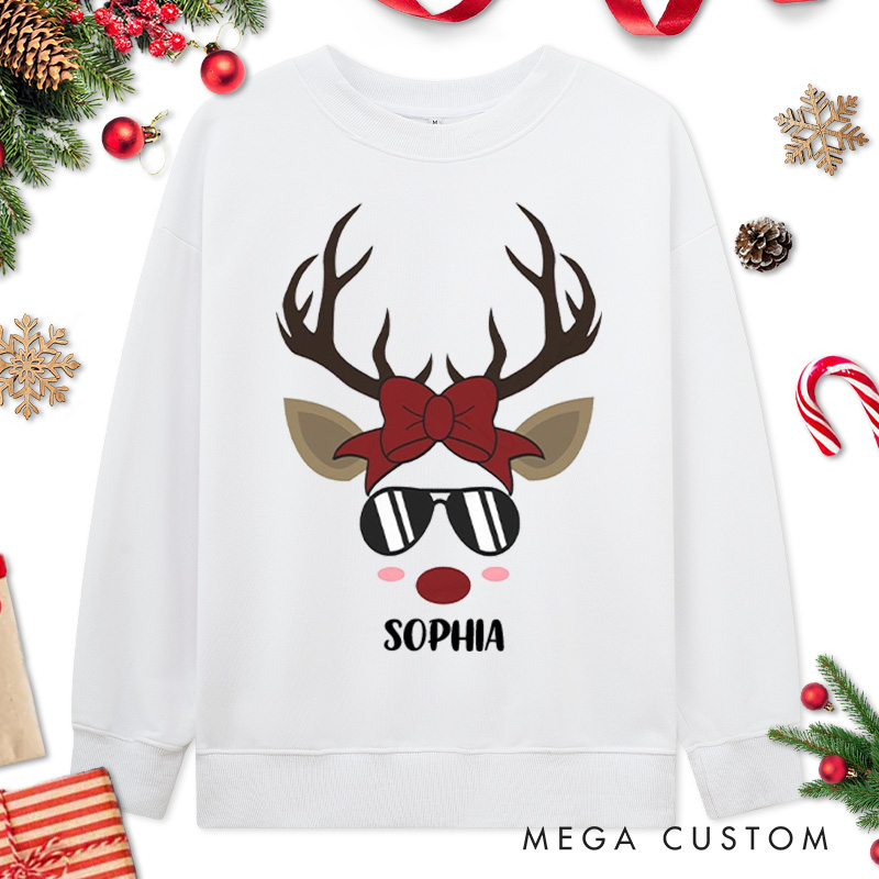 Personalized Couple Cool Reindeer with Sunglasses Christmas Sweatshirt Couple Chic Reindeer with Bow Sweatshirt for Husband Wife Boyfriend Girlfriend