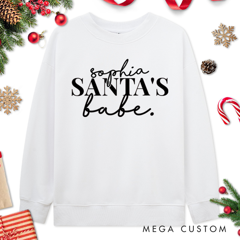 Personalized Couple Santa and Santa's Babe Christmas Sweatshirt Couple Xmas Matching Crewneck Sweatshirt for Husband Wife Boyfriend Girlfriend