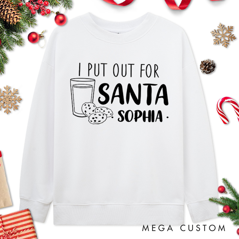 Personalized Couple Cute Santa and I Put Out for Santa Christmas Sweatshirt Xmas Fun Milk and Cookie Sweatshirt for Husband Wife Boyfriend Girlfriend
