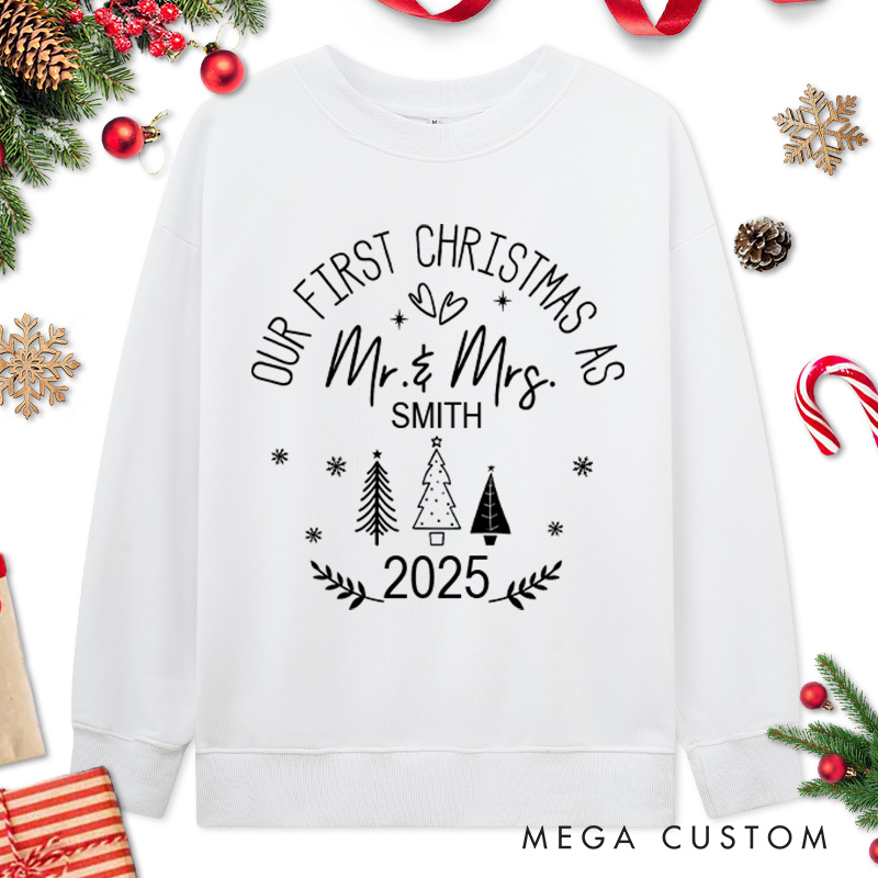 Personalized Couple Our First Christmas as Mr. & Mrs. Sweatshirt with Name Couple Xmas Tree Matching Crewneck Sweatshirt for Husband Wife Hubby Wifey