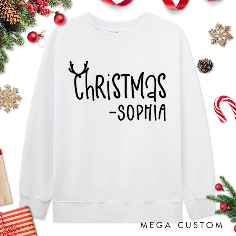 Personalized Couple Cute Merry and Christmas with Antler Sweatshirt Couple Xmas Crewneck Sweatshirt for Husband Wife Boyfriend Girlfriend