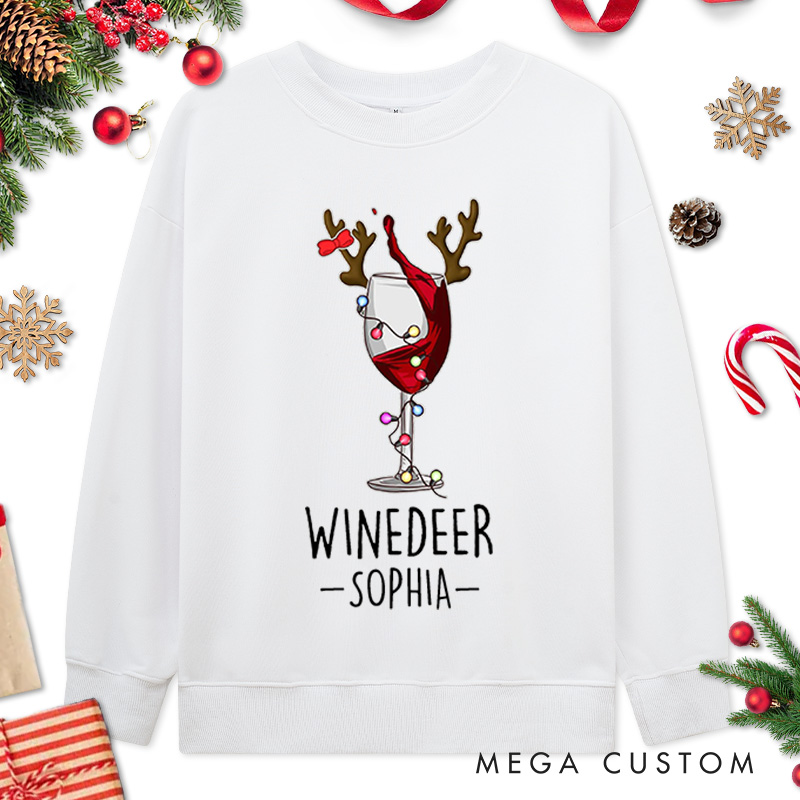 Personalized Couple Reinbeer and Winedeer Christmas Sweatshirt Couple Xmas Antlers Matching Sweatshirt for Husband Wife Boyfriend Girlfriend