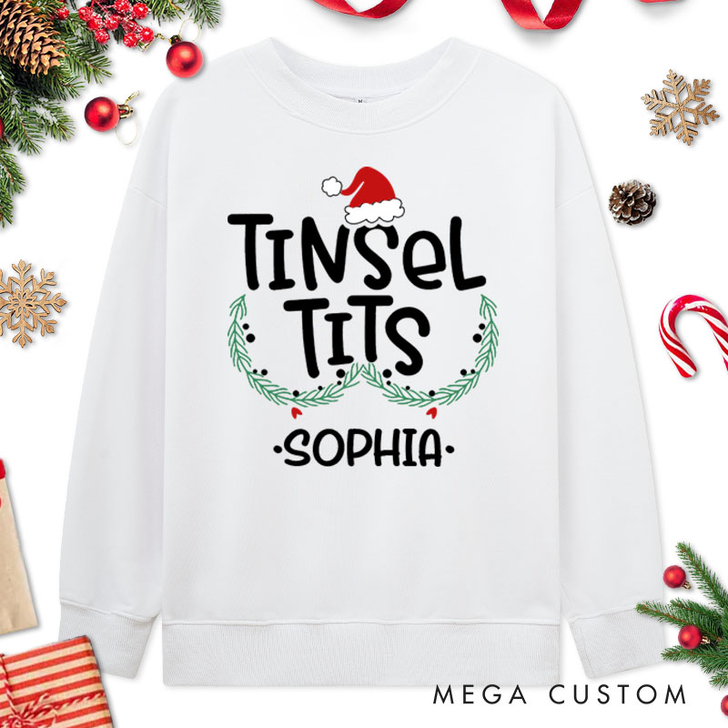 Personalized Couple Cute Jingle Balls and Tinsel Tits Christmas Sweatshirt Xmas Fun Ball and Wreath Sweatshirt for Husband Wife Boyfriend Girlfriend