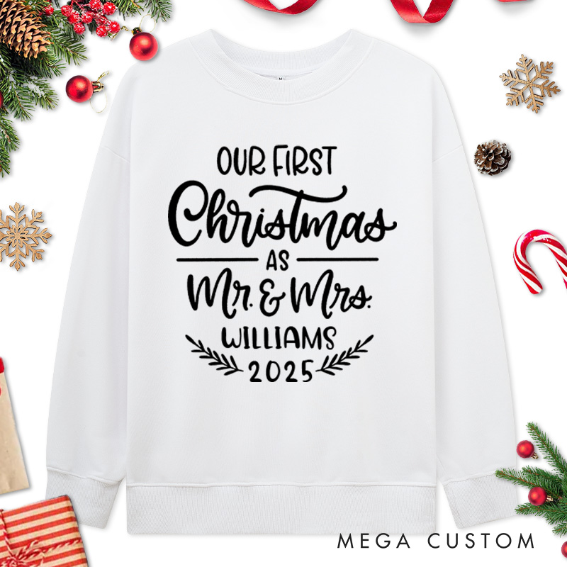 Personalized Couple Our First Christmas as Mr. and Mrs with Wreath Sweatshirt Couple Xmas Matching Crewneck Sweatshirt for Husband Wife Hubby Wifey