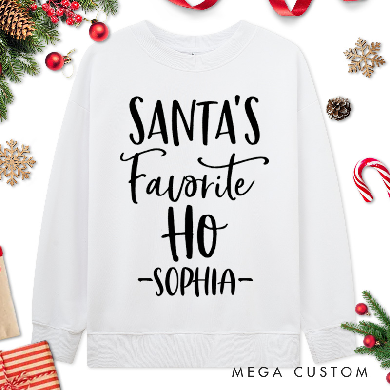 Personalized Couple Santa and Santa's Favorite Ho Christmas Sweatshirt with Name Couple Xmas Matching Sweatshirt for Husband Wife Boyfriend Girlfriend