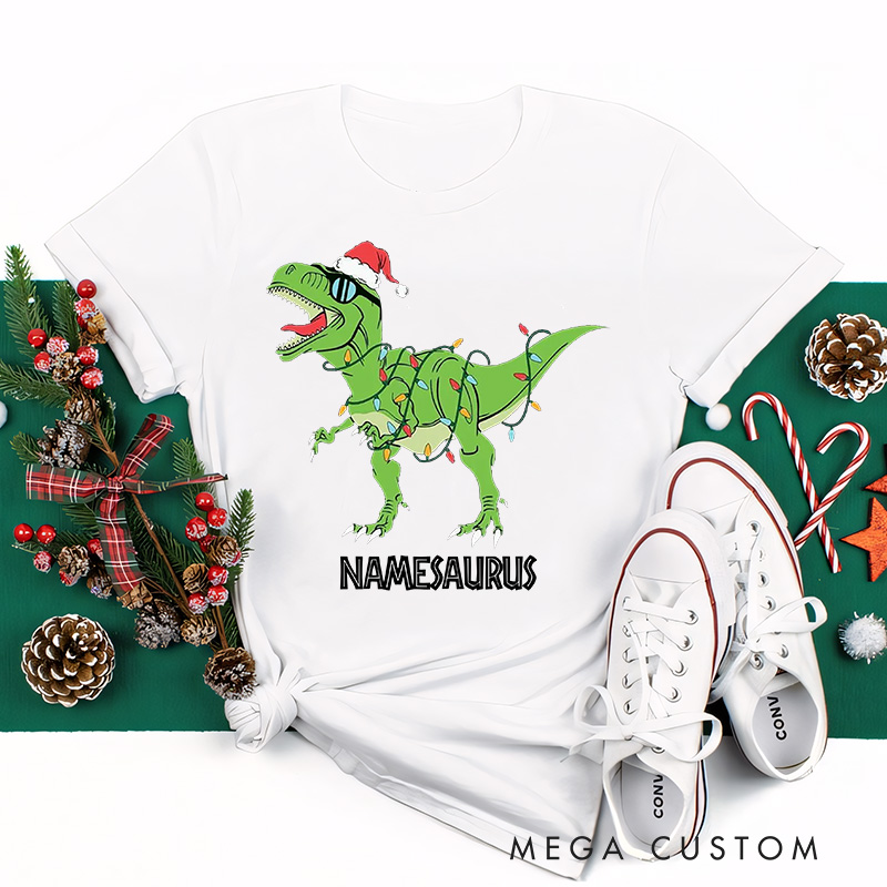 Personalized Namesaurus Christmas Classic T-Shirts Dinosaurs Movie Series Tshirt Movie Holiday Shirt