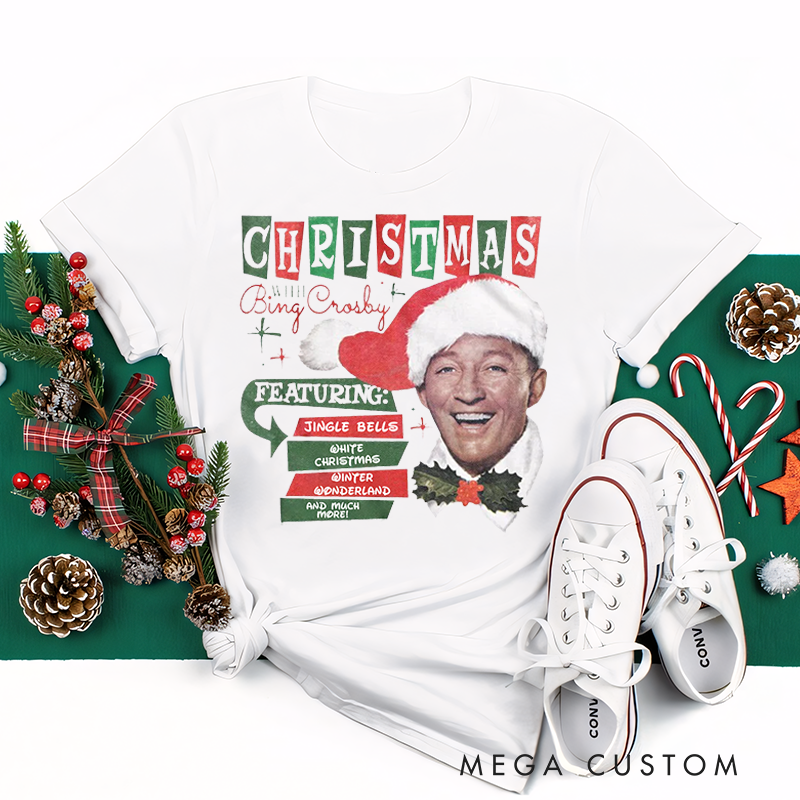 Personalized Classic T-Shirts Bing Crosby Christmas Hat and Songs White Tee