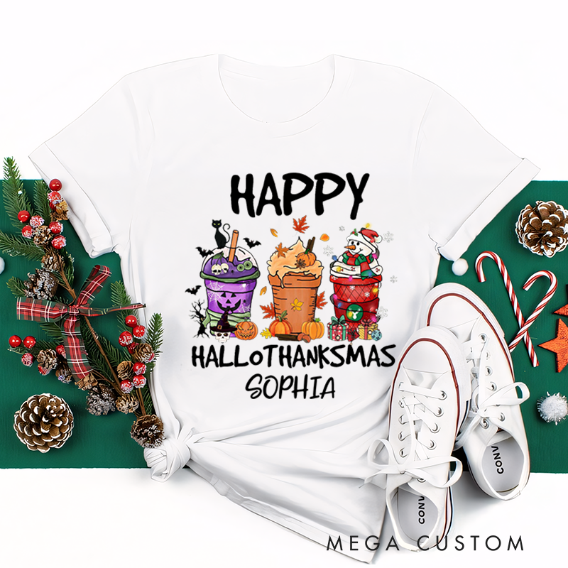 Personalized Classic T-Shirts Happy Hallothanksmas and Christmas Tee Coffee Pumpkin Spice Iced Tee