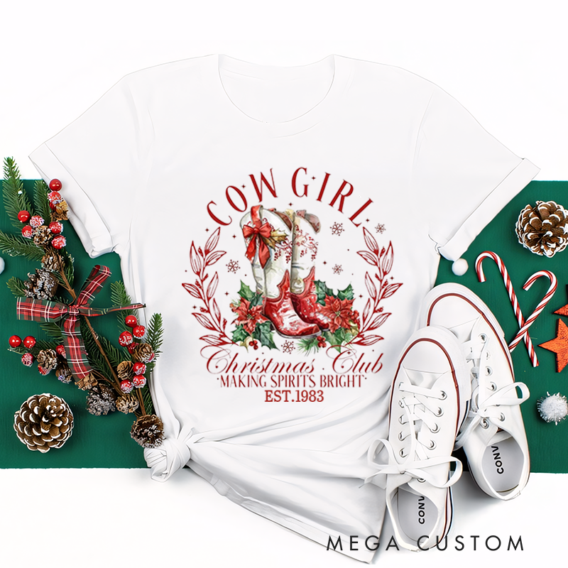 Personalized Classic T-Shirts Cowgirl Christmas Club Tee Retro Christmas Cowgirl and Western Tee