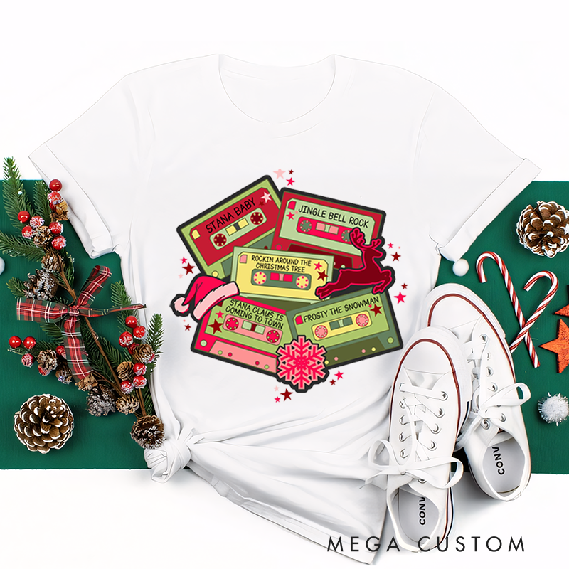 Personalized Classic T-Shirts Christmas Music Cassette Tapes Tee Christmas Songs and Party Tee Retro Music Cassette Tapes