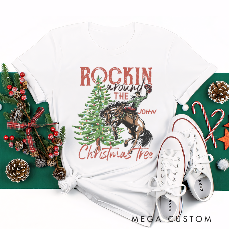 Personalized Classic T-Shirts Rocking Around the Christmas Tree Tee Retro Christmas Western Cowboy Christmas Tee