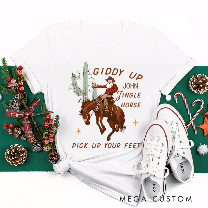 Personalized Classic T-Shirts Cowboy Christmas Tee Giddy Up Jingle Horse Pick Up Your Feet Howdy Country Christmas Horse Tee