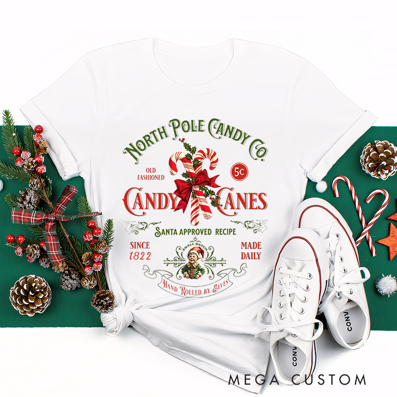 Personalized Classic T-Shirts Christmas Candy Cane Tee Retro Old Fashioned Candy Cane Tee