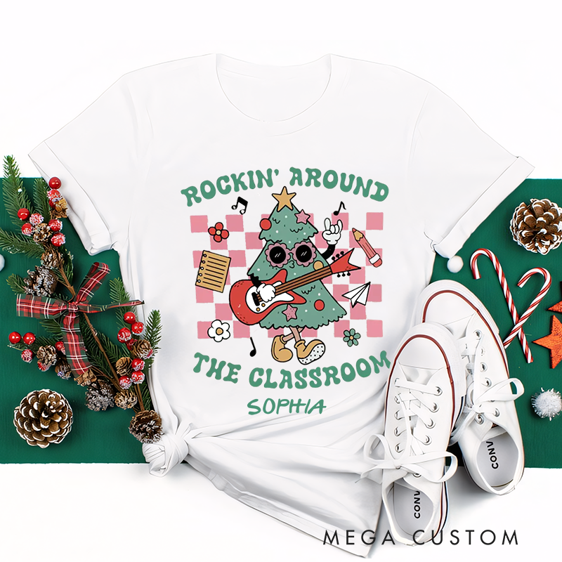 Personalized Classic T-Shirts Rockin Around the Classroom Christmas Tee