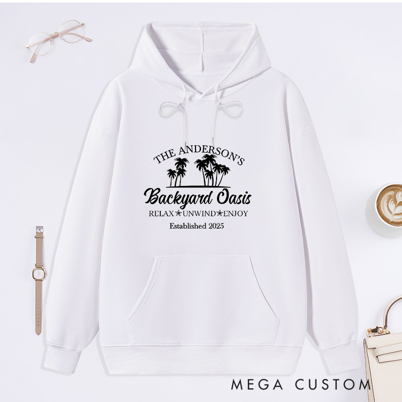 Personalized Hoodie Backyard Oasis Design Custom Family Name and Year Comfortable Christmas Sweatshirt for Housewarming Holiday Gift 