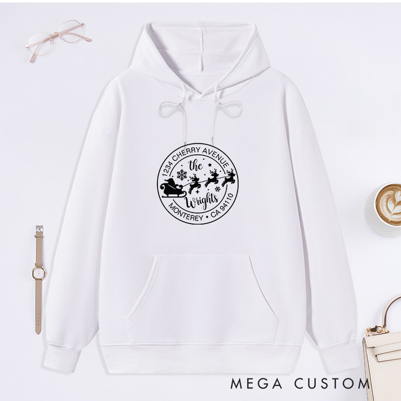 Personalized Family Christmas Name Sweatshirt Santa Sleigh and Reindeer Design Custom Hoodie Housewarming Holiday Gift
