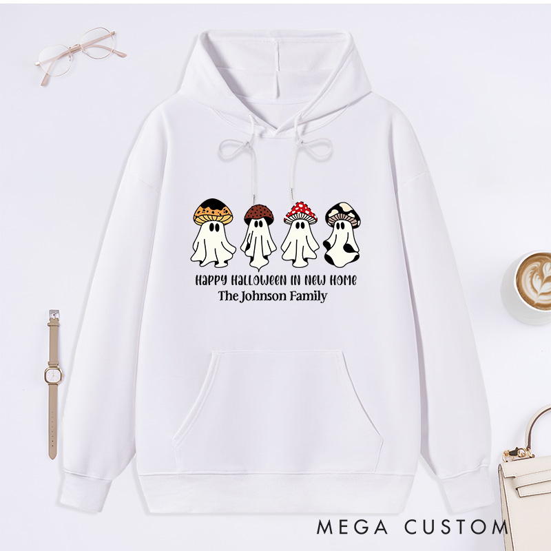 Personalized Hoodie Happy Halloween in New Home Design Custom Family Name Comfortable Sweatshirt for Housewarming Holiday Gift Halloween Theme