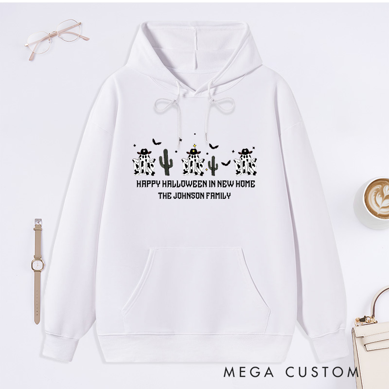 Personalized Hoodie Happy Halloween in New Home Design Custom Family Name Ghost and Cactus Theme Sweatshirt for Housewarming Holiday Gift