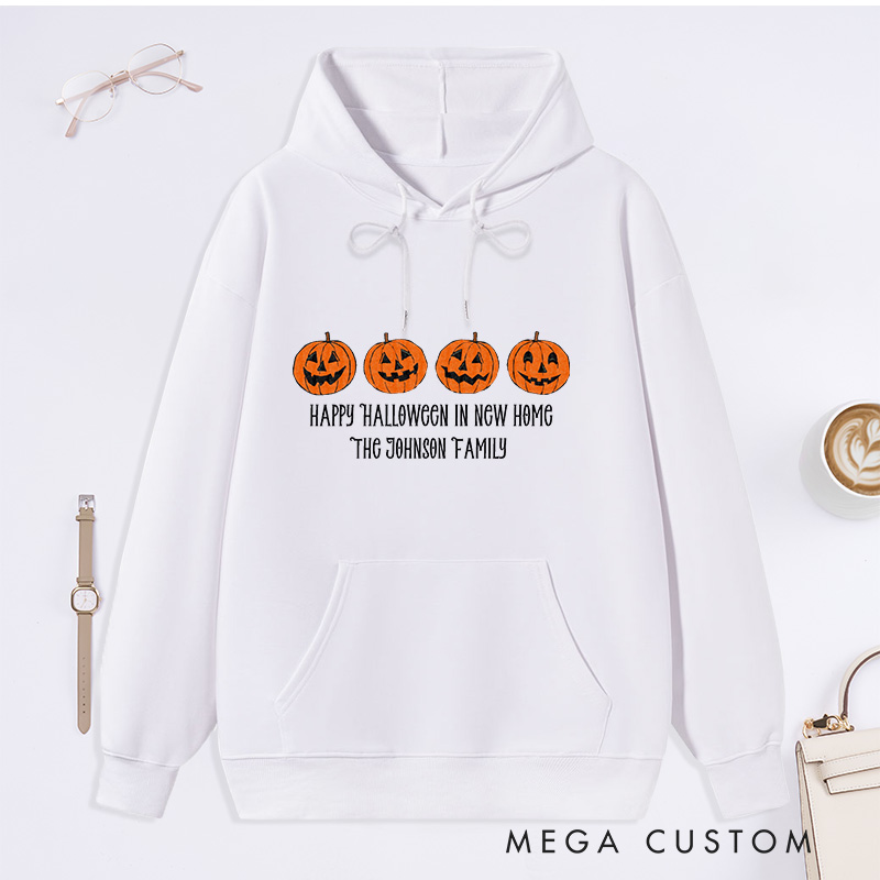 Personalized Hoodie Happy Halloween in New Home Design Custom Family Name Pumpkin Theme Comfortable Sweatshirt for Housewarming Halloween Gift