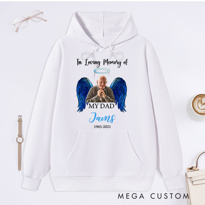 Personalized in Loving Memory Hoodie Custom Photo Name Date Sympathy Gift for Loss of Father Angel Wings Sweatshirt 