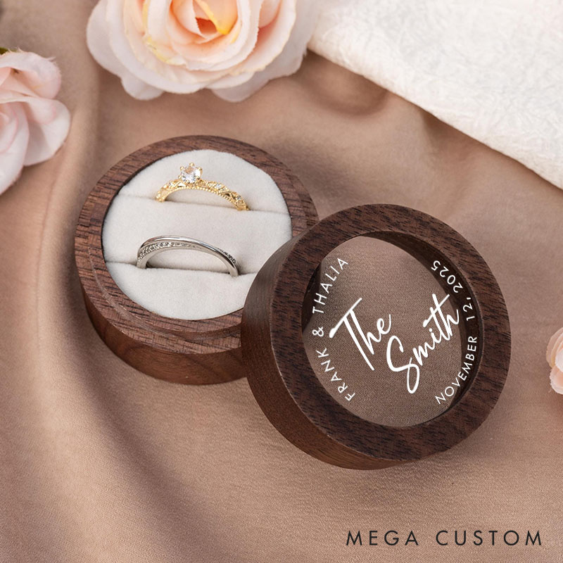 Personalized Couple Last Name Wedding Wooden Ring Box Custom Newlywed First Name Round Ring Box with Acrylic Cover Husband Wife Engagement Ring Box