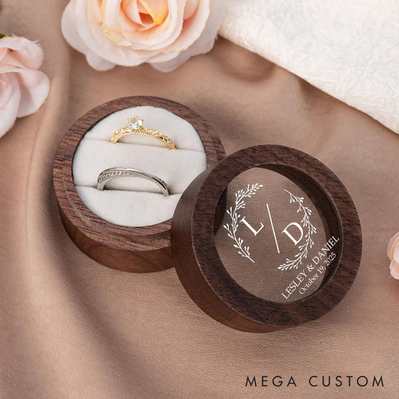 Personalized Couple Initials Round Wreath Wedding Wood Ring Box Custom Newlywed Ring Box with Acrylic Cover Engagement Ring Box Husband Wife Ring Box