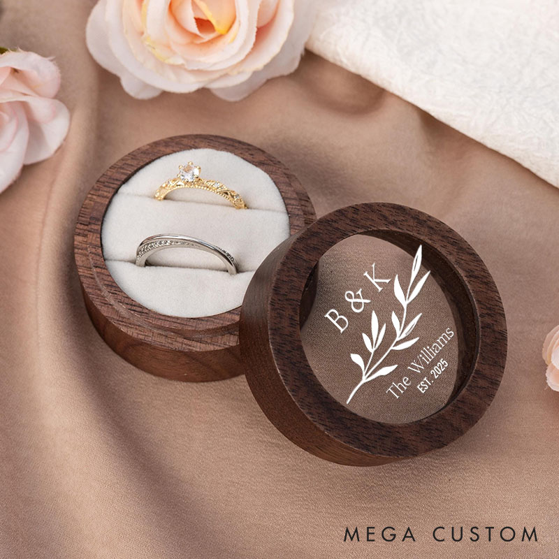Personalized Couple Wedding Leaf Wooden Ring Box Newlyweds Initials Last Name Round Ring Box with Acrylic Cover Engagement Ring Box Husband Wife Gift