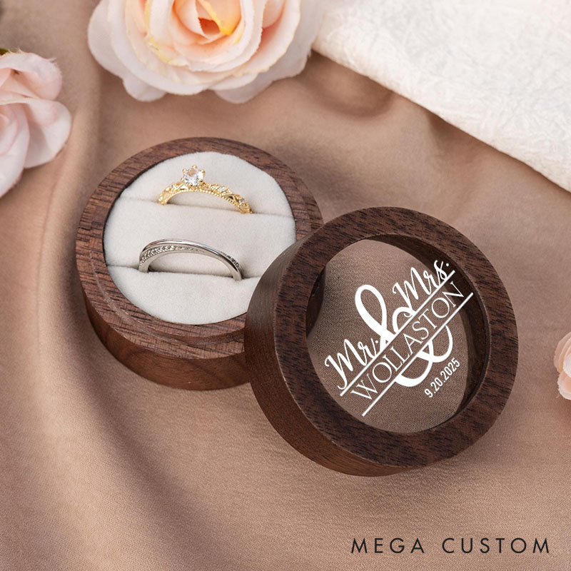Personalized Couple Wedding Mr and Mrs Wooden Ring Box Newlyweds Last Name Round Ring Box with Acrylic Cover Engagement Ring Box Husband Wife Gift