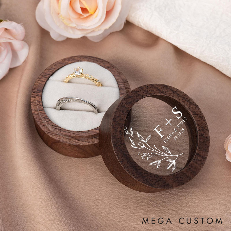 Personalized Couple Wedding Floral Leaf Wooden Ring Box Newlyweds Initials Name Round Ring Box with Acrylic Cover Husband Wife Engagement Ring Box