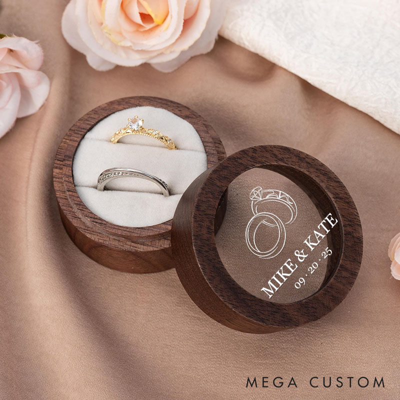 Personalized Couple Charming Wedding Ring Wooden Ring Box Custom Newlyweds Name Ring Box with Acrylic Cover Engagement Ring Holder Husband Wife Gift