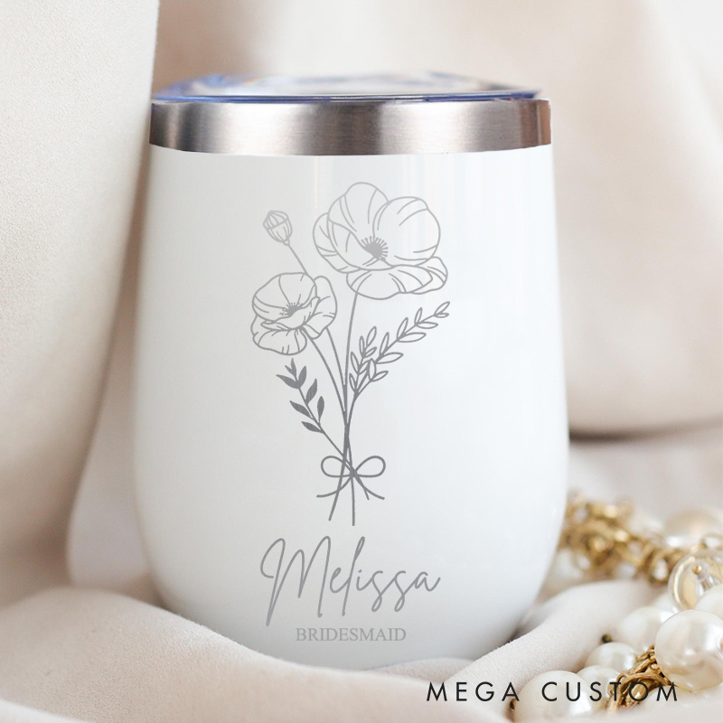 Personalized Bridesmaid Birth Flower Wine Tumbler Custom Bride Month Flower Wine Tumbler Maid of Honor Bachelorette Party Favor Bridal Shower Gift