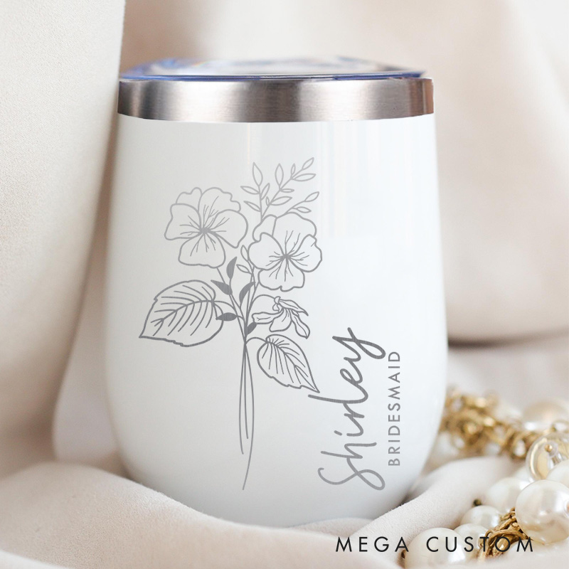 Personalized Bridesmaid Elegant Birth Flower Wine Tumbler Custom Bride Month Flower Wine Tumbler Maid of Honor Bachelorette Party  Bridal Shower Favor