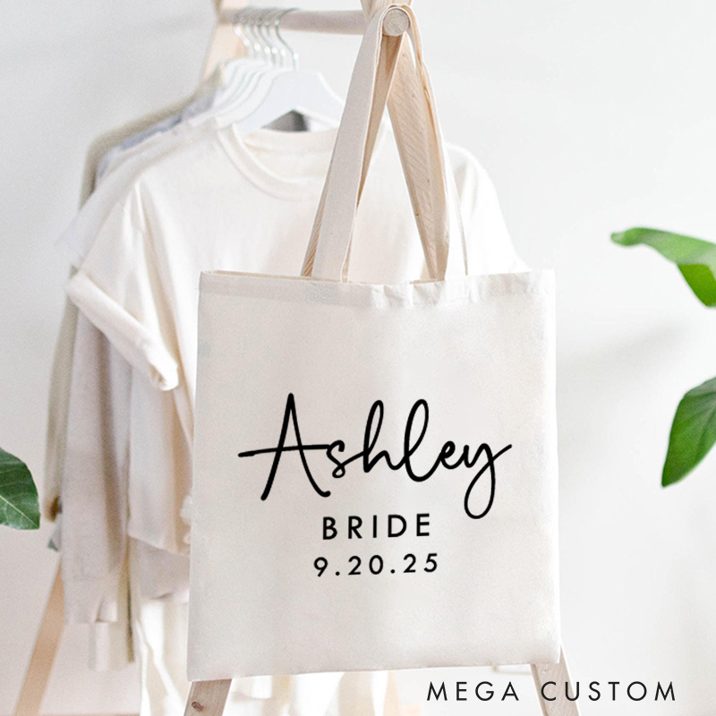 Personalized Bridesmaid Name and Title Canvas Tote Bag Custom Bride Wedding Date Beach Tote Bag Maid of Honor Bachelorette Party Bridal Shower Gift