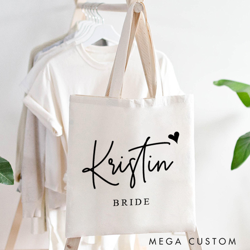 Personalized Bridesmaid Name with Heart Canvas Tote Bag Custom Bride Title Wedding Beach Tote Bag Maid of Honor Bachelorette Party Bridal Shower Gift